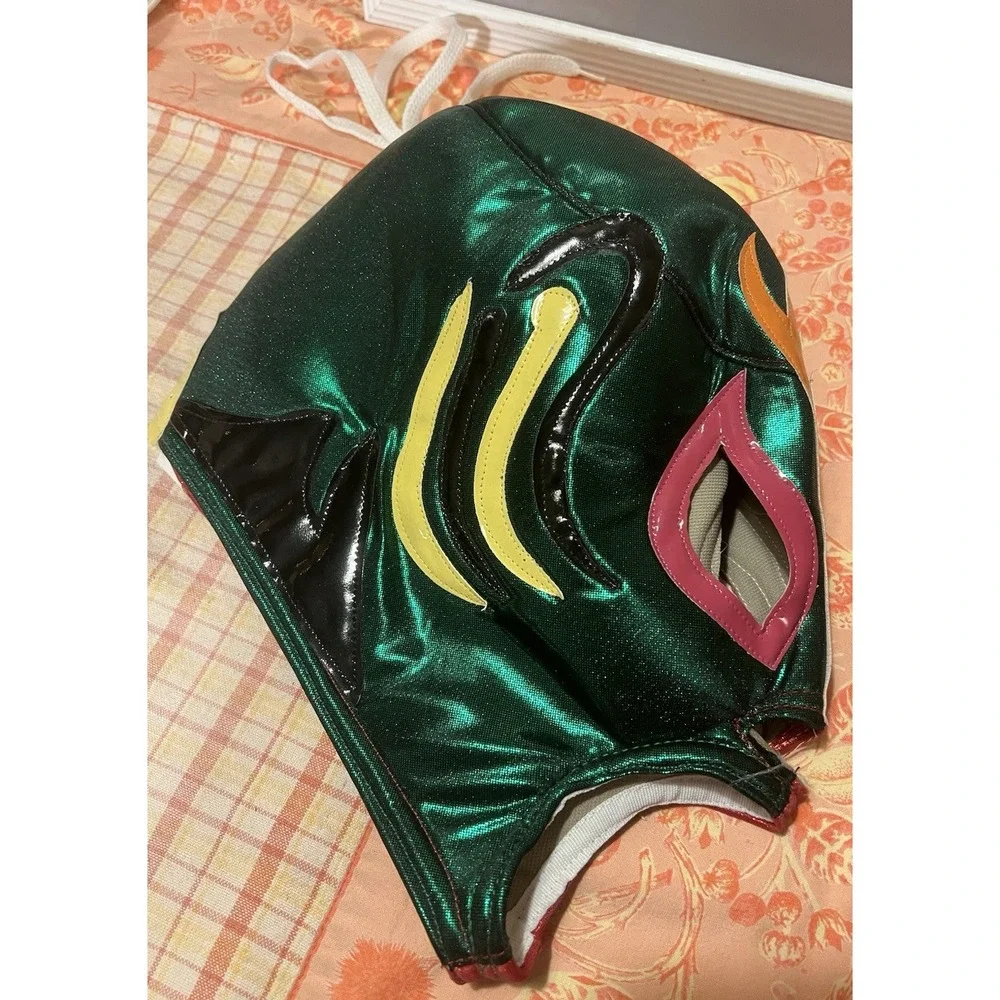 Lucha Libre Mask Vinyl Back Lace Up Red Green Multi Sparkle Flame Adult‎ Size